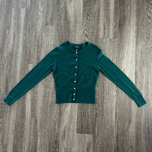 White House Black Market Green Button Cardigan Long Sleeve Crew Soft Knit GUC - Picture 2 of 10